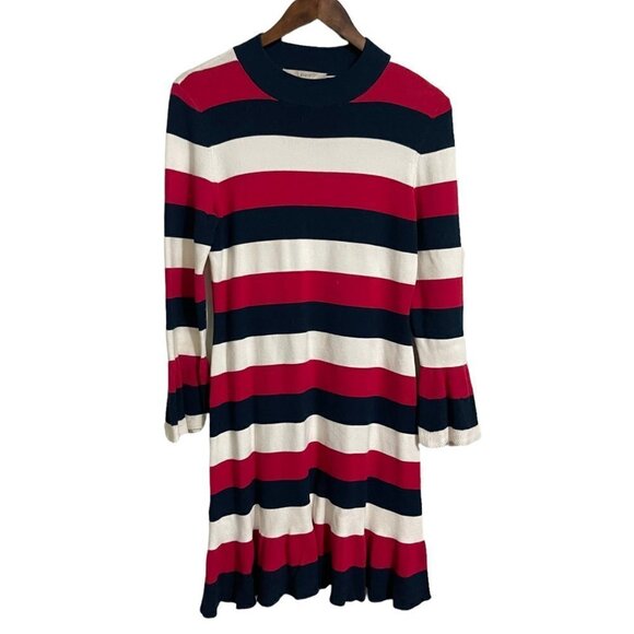 LOFT Women's Red White Blue Striped Flutter Sleeve Ribbed Sweater Dress Small - Picture 1 of 6